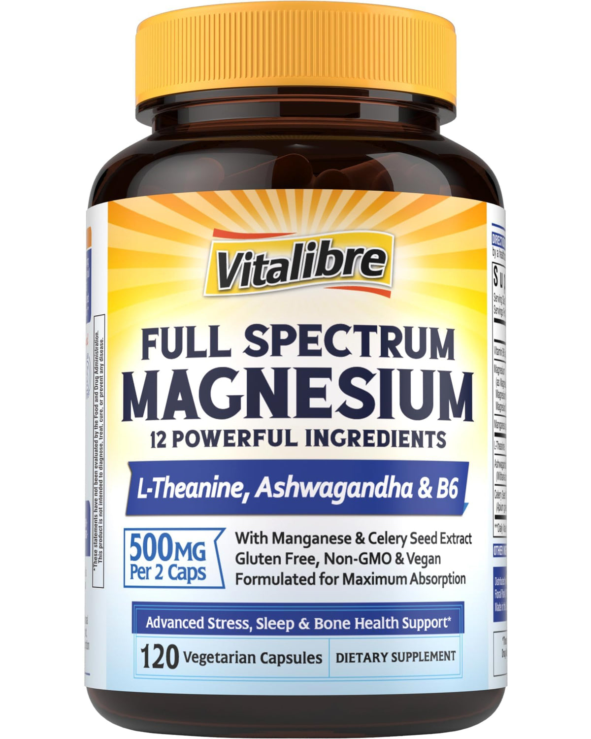 Vitalibre Magnesium Complex Supplement 500mg + Ashwagandha, L-Theanine, Vitamin B6 & Celery, High Absorption Magnesium Glycinate, Citrate, Malate, Sleep & Bone Support, 120 Vegan Capsules - Maple Wellness Supplements