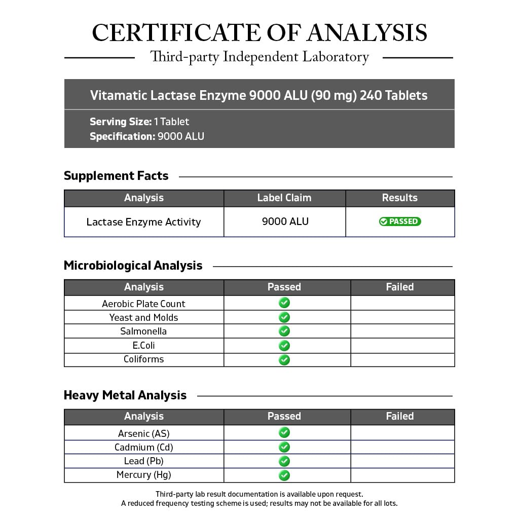 Vitamatic Lactase Enzyme 9000 FCC 240 Tablets - Lactose Intolerance Relief Caplets - Maple Wellness Supplements