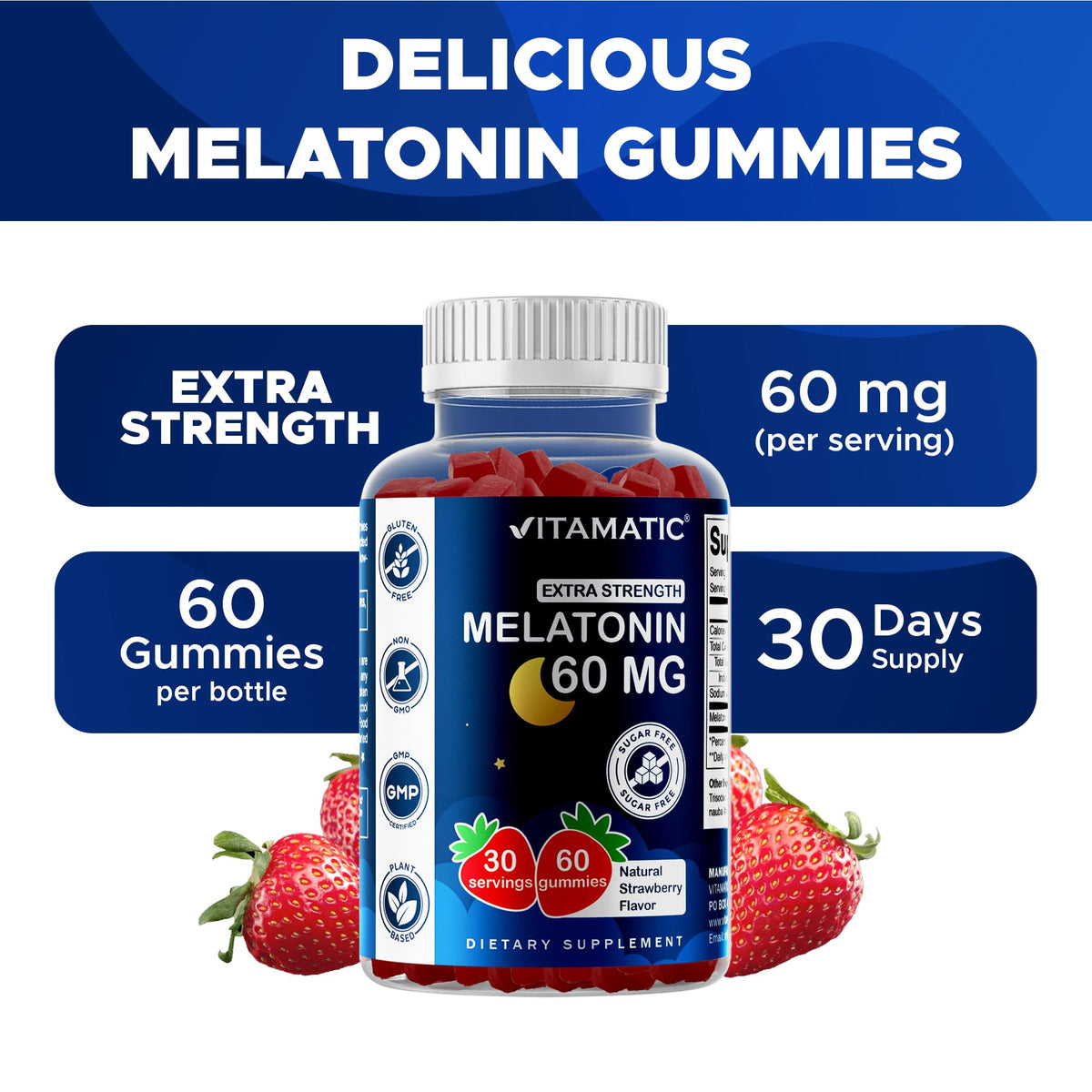 Vitamatic Sugar Free Melatonin 60 mg - 60 Vegetarian Gummies - Non-Habit Forming Supplement - Maple Wellness Supplements