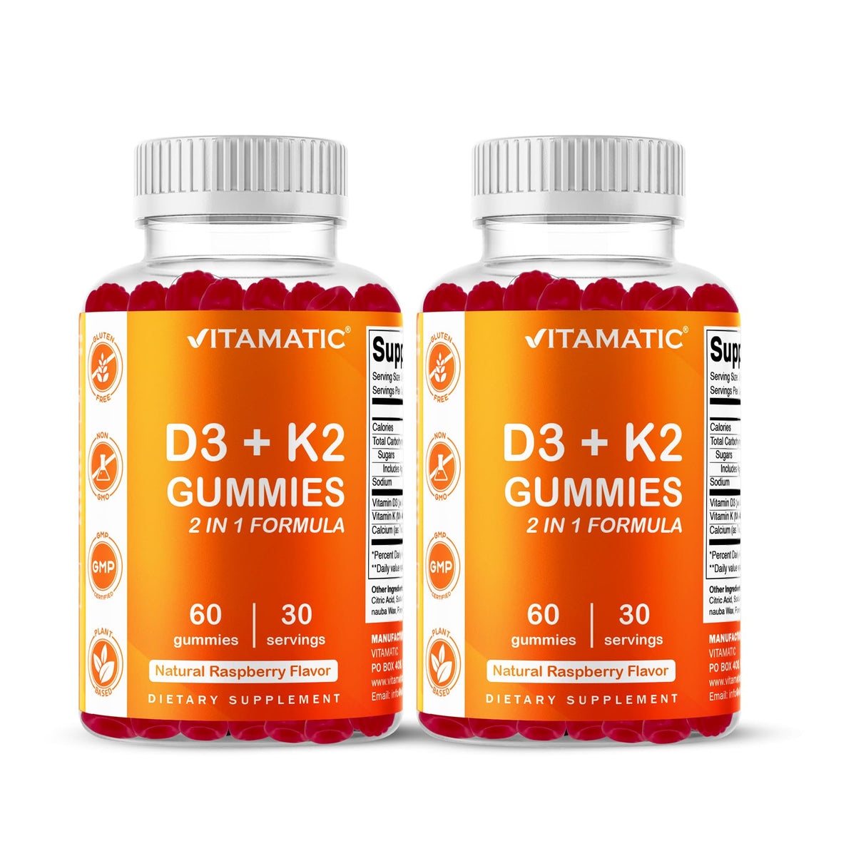 Vitamatic Vitamin D3 & K2 Gummies (2-Pack, 60 Count) Supports Healthy Bones, Heart Health, Calcium Absorption, - Maple Wellness Supplements