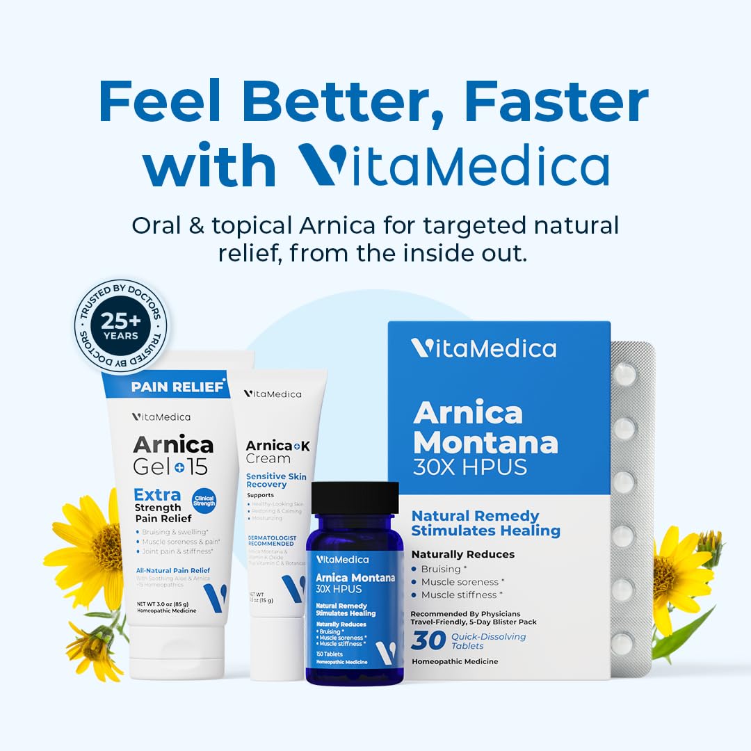 VitaMedica Arnica Montana Tablets & Arnica Gel Bundle – Support for Bruising, Swelling & Soreness, 150 Rapid-Dissolve Tablets + 3 oz Water-Based Gel - Maple Wellness Supplements