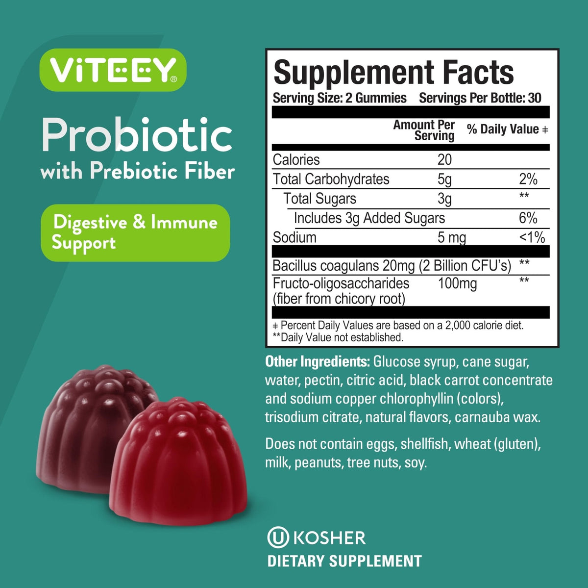 Viteey Probiotic Gummies with Prebiotics – Gut Health Supplements for Digestive Health – 2 Billion CFUs – Vegan, Gluten-Free – 60 Count - Maple Wellness Supplements