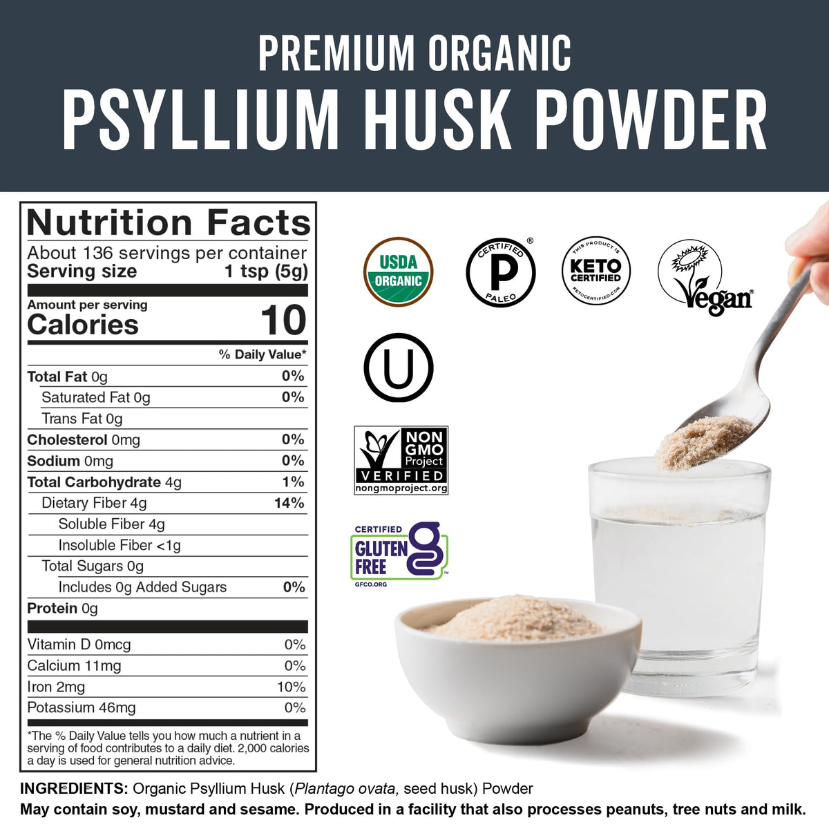 Viva Naturals Organic Psyllium Husk Powder, 24 oz – Finely Ground, Unflavored, Vegan, Keto, Paleo, Non-GMO Plant-Based Superfood, Good Source of Fiber for Gluten-Free Baking, Juices & Smoothies - Maple Wellness Supplements