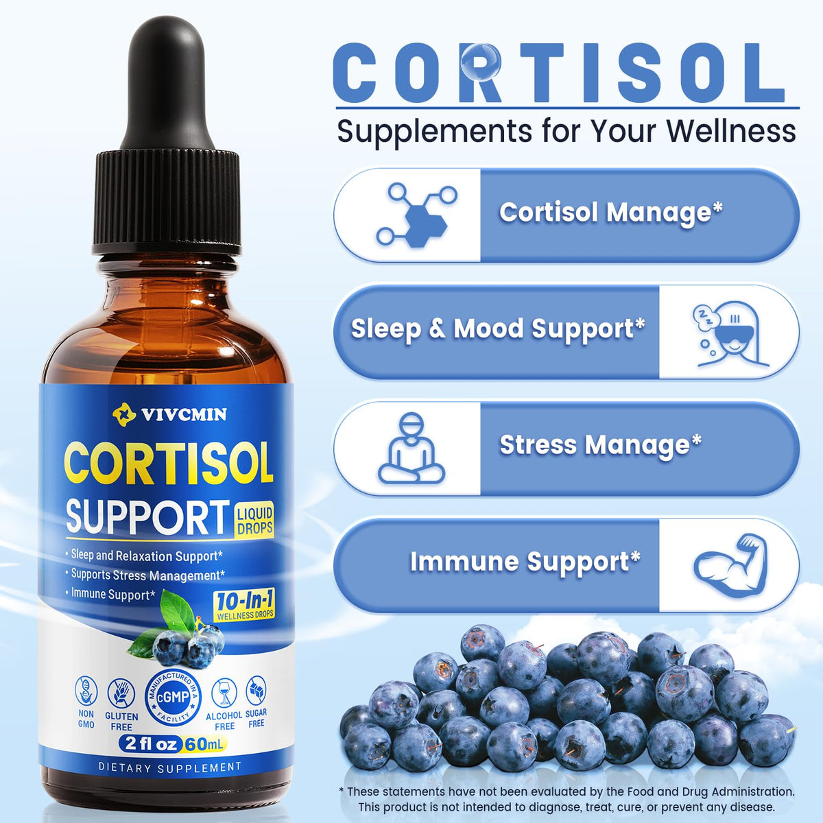 vivcmin 10 in 1 Cortisol Supplements for Women & Men, Cortisol Reducer with Ashwagandha, Magnesium, L-Theanine, Hormone Balance Drops - Sleep & Mood Support, 2 Fl Oz, Blueberry Flavor - Maple Wellness Supplements