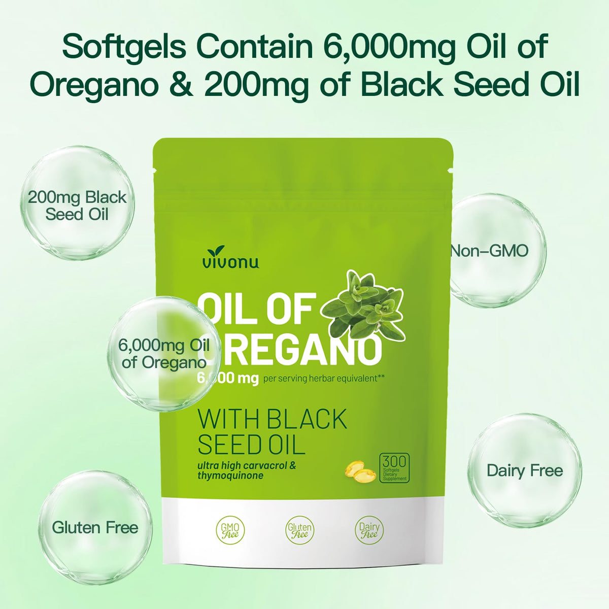 VivoNu Oil of Oregano with Black Seed Oil, Balanced Oil of Oregano Capsules, 300 Count Organic OreganoOil Softgels - Maple Wellness Supplements