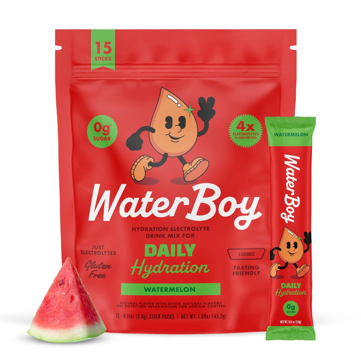 Waterboy Daily Hydration | 1,570mg Electrolyte Powder Packets | No Sugar, All Natural, Gluten Free, Zero Calories | 15 Drink Stick Mixes (Watermelon) - Maple Wellness Supplements