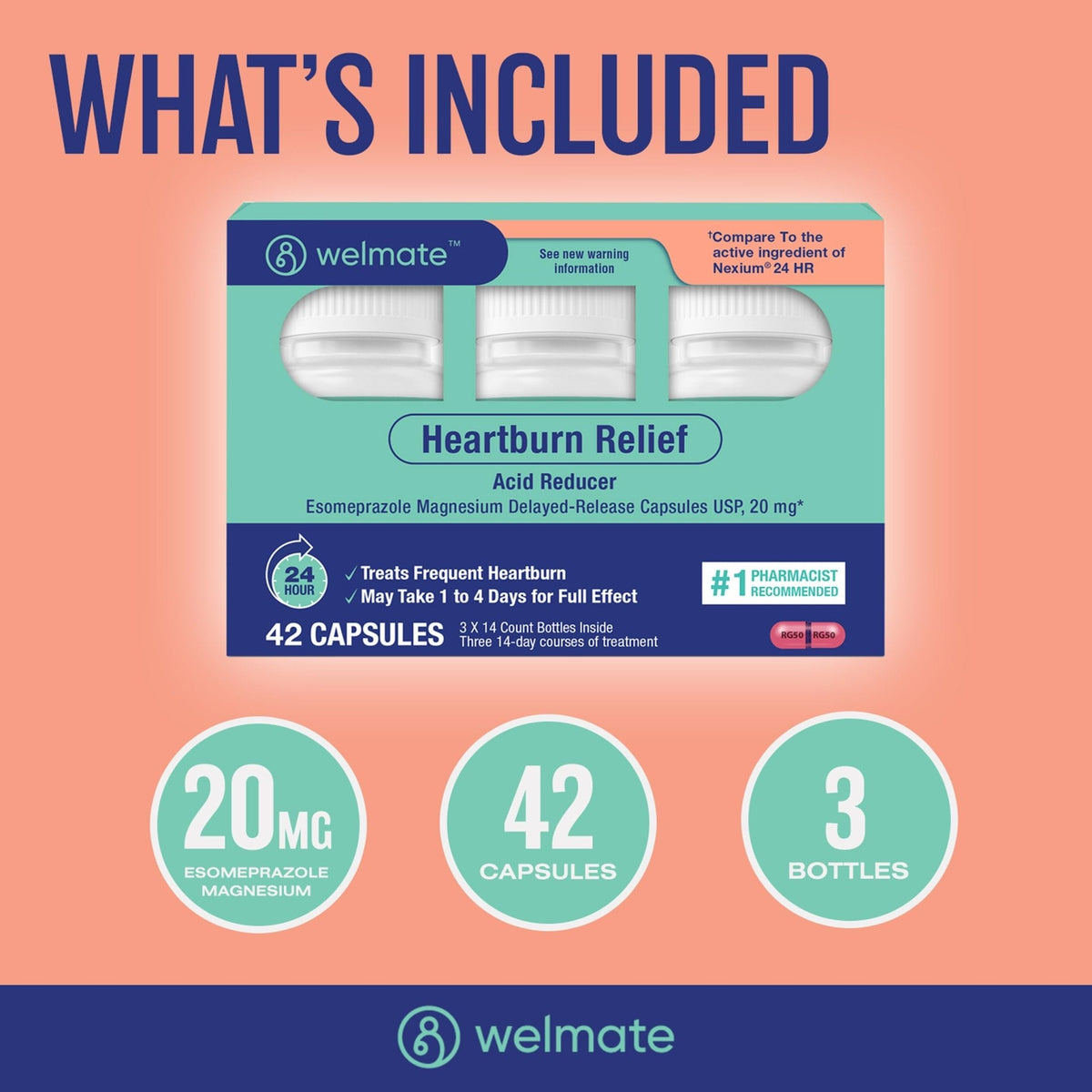 WELMATE Esomeprazole Magnesium 20mg Delayed Release Capsules, 84 Count (2-Pack) – Acid Reducer for Frequent Heartburn & Acid Reflux Relief, 24HR Protection, Digestion Support - Maple Wellness Supplements