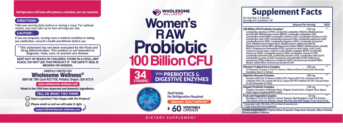 Wholesome Wellness Dr. Formulated Raw Probiotics for Women 100 Billion CFUs Capsules with Prebiotics, Digestive Enzymes, Approved for Adults, Shelf Stable Supplement - Maple Wellness Supplements