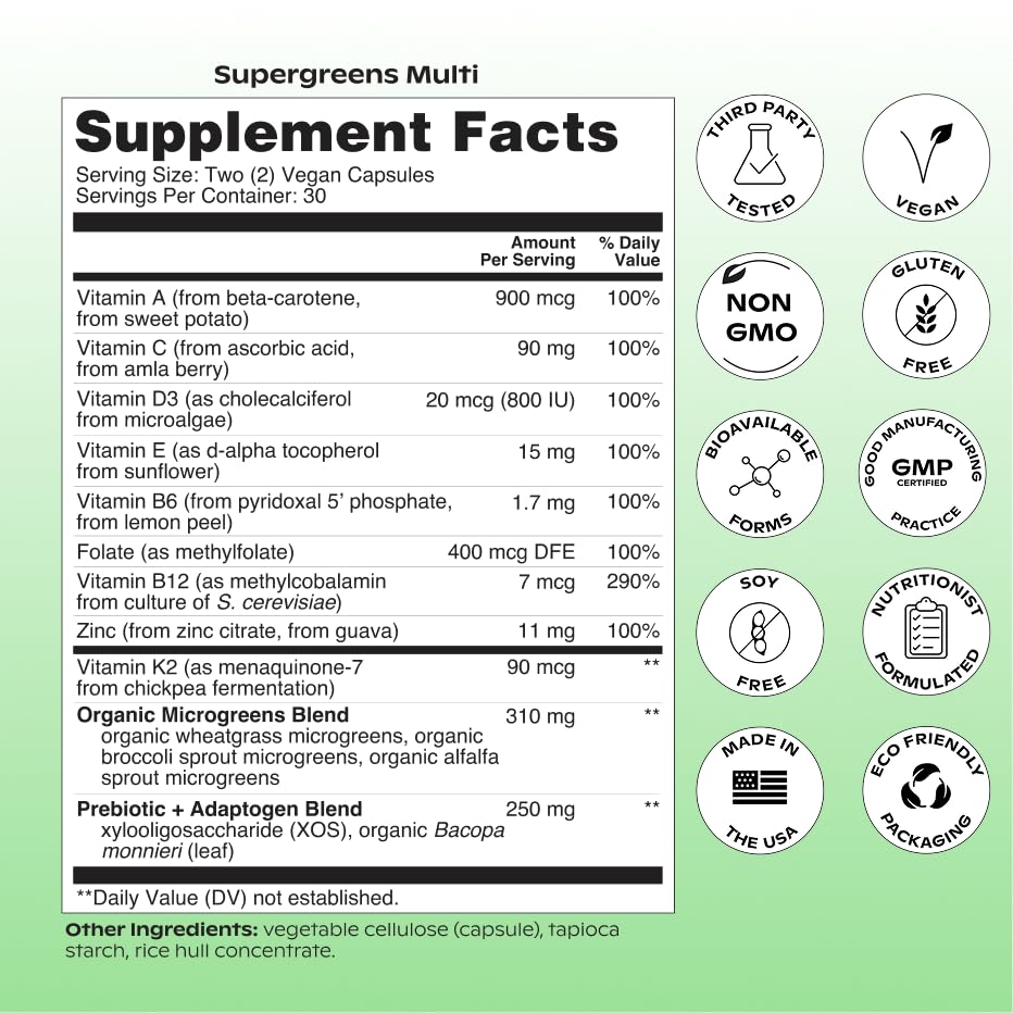 wholier Supergreens Multi, Daily Greens, Vegan Multivitamin for Women + Men, Whole Food Vitamins + Minerals, Prebiotics for Gut Health, Adaptogens (60 Vegan Capsules) Glass Bottle - Maple Wellness Supplements