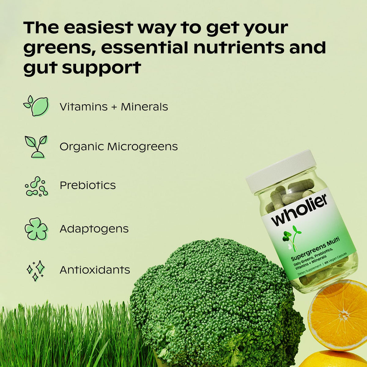 wholier Supergreens Multi, Daily Greens, Vegan Multivitamin for Women + Men, Whole Food Vitamins + Minerals, Prebiotics for Gut Health, Adaptogens (60 Vegan Capsules) Glass Bottle - Maple Wellness Supplements