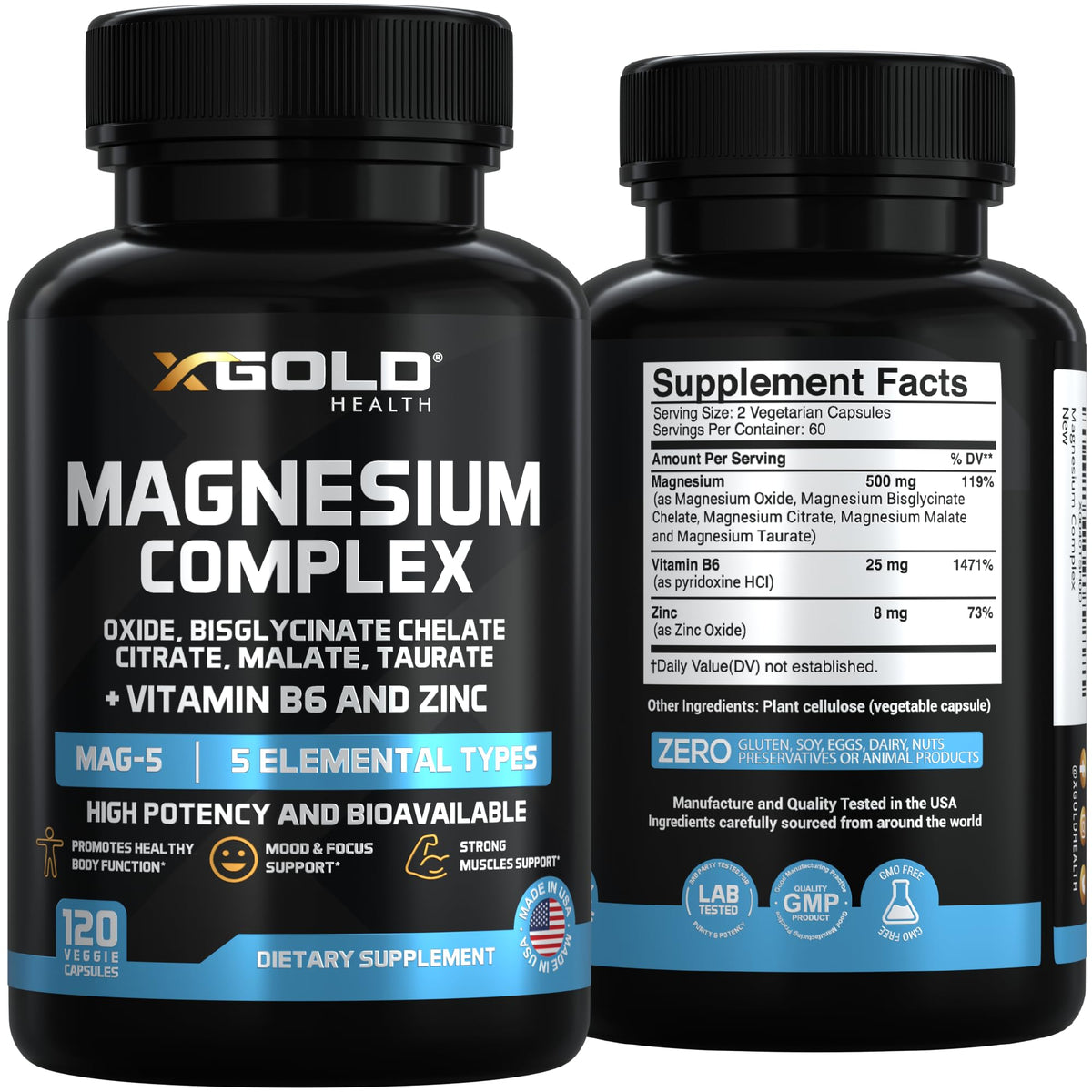 X Gold Health Magnesium Complex 5-in-1 with Zinc & B6 High Absorption Capsules (Glycinate, Citrate, Malate, Taurate, Oxide) Muscle Recovery, Energy, Sleep Support & Immune Health 500mg Made in USA - Maple Wellness Supplements