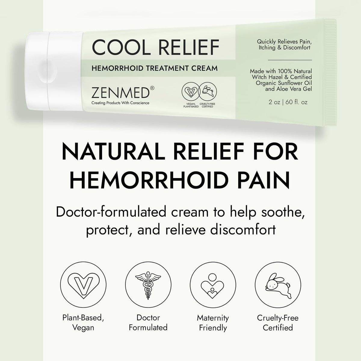 ZENMED Cool Relief - 2 oz Natural Herbal Cream with Organic Ingredients of Hemorrhoids Formula - Maple Wellness Supplements